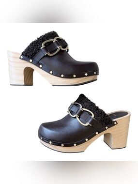 Maje Dark Brown Leather Sherpa-Trim Clog Mules with Gold Buckle